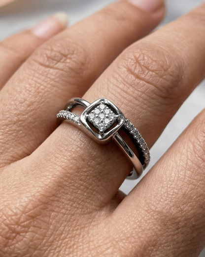 Modern Square Halo CZ Stone Ring in Silver Finish | Premium Quality | Adjustable Ring