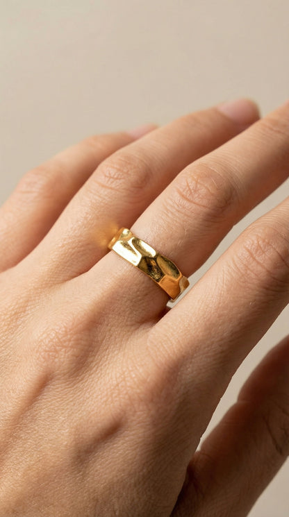 Gold Plated Hammered Adjustable Statement Ring | Premium Quality | Elegant Women's Jewelry | Stainless Steel Gold Plated | Anti-tarnish | Daily wear | TE-GPFR-0612-005