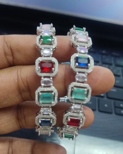 Luxury Emerald-Cut Multicolor Stone Bangle | American Diamond