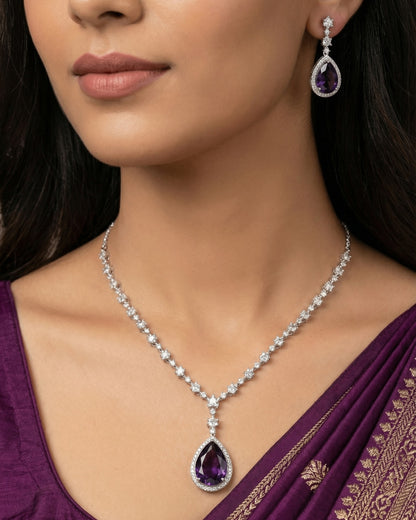 Amethyst Teardrop American Diamond Necklace Set with Earrings | Premium Quality | American Diamond | Party wear | TE-ADNE-2212-006