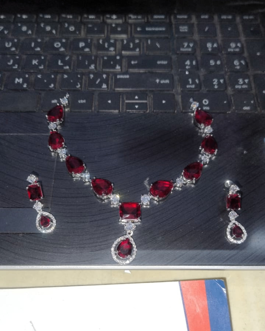 Ruby Red Teardrop Crystal Necklace Set with Earrings | Premium Quality | American Diamond | Party wear