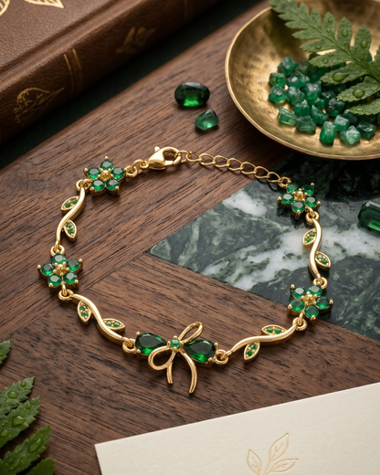 Emerald Green Bloom Gold Bracelet with Floral Vine & Bow Charm | Premium Quality | Cubic Zirconia