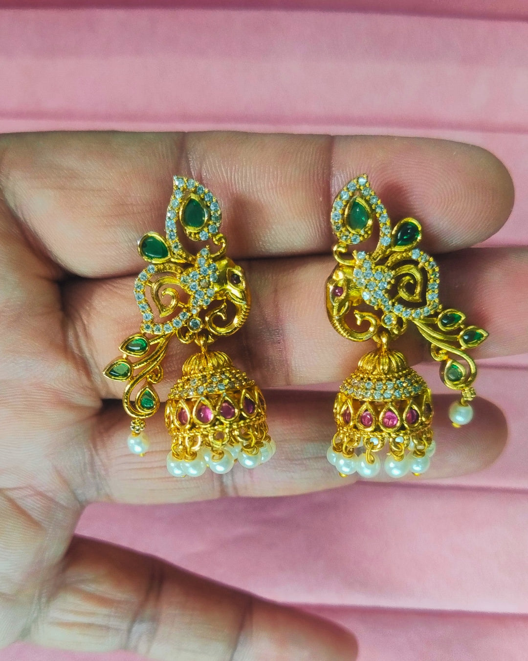 Heritage Elephant Design Pearl Jhumka Earrings - Matte Finish