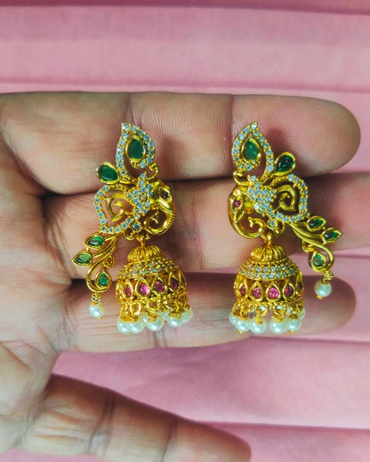 Heritage Elephant Design Pearl Jhumka Earrings - Matte Finish