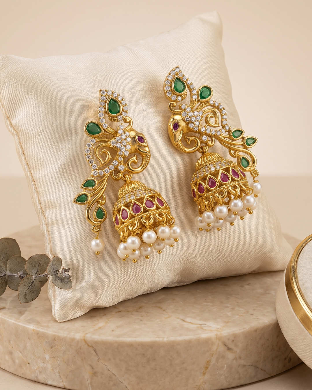 Heritage Elephant Design Pearl Jhumka Earrings - Matte Finish
