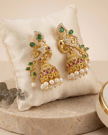 Heritage Elephant Design Pearl Jhumka Earrings - Matte Finish
