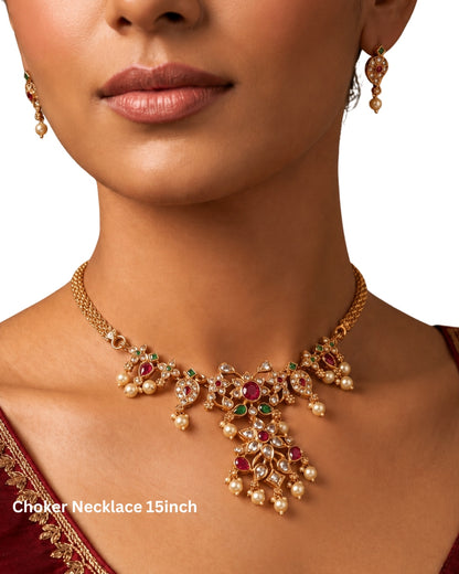 Elegant Gold-Tone CZ Choker Necklace Set with Ruby, Green Stones & Pearl Drops