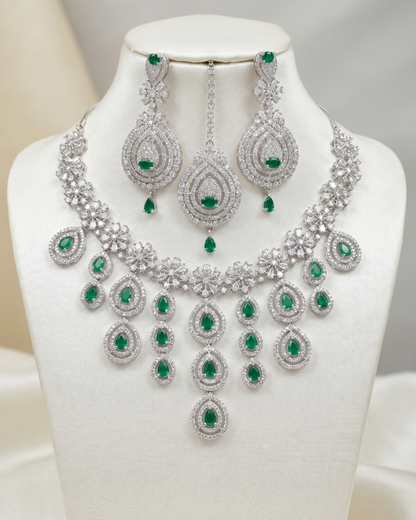 Emerald Royale Green Bridal Necklace Set with Earring & Maang Tikka | Premium Quality | American Diamond | Party wear