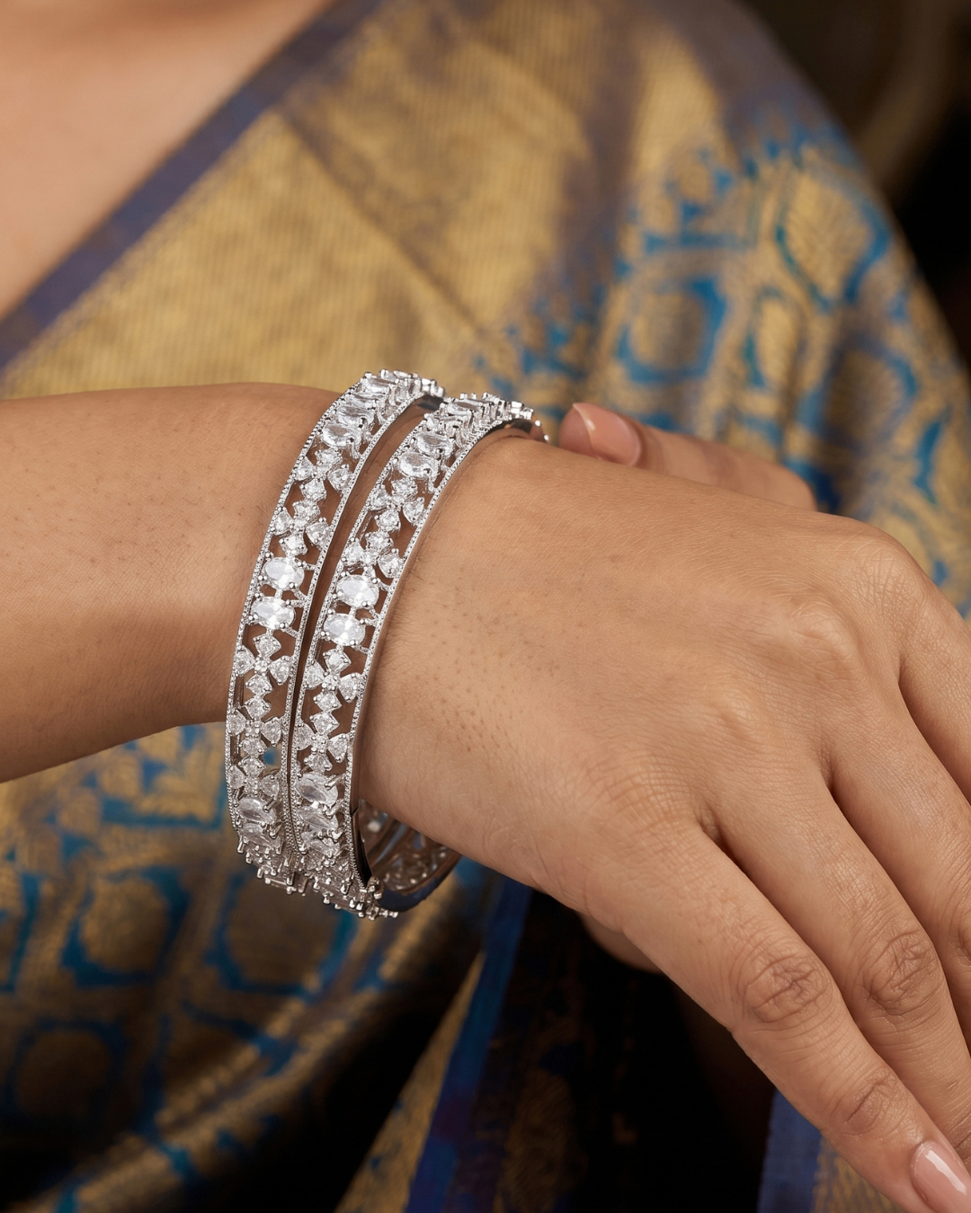 Rhodium Plated Oval and Flower White Stone Designer Silver Bangles(Set of 2) | Premium Quality | American Diamond | Party wear