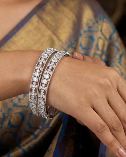 Rhodium Plated Oval and Flower White Stone Designer Silver Bangles(Set of 2) | Premium Quality | American Diamond | Party wear