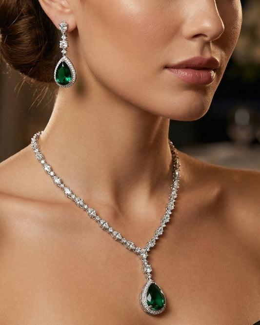 Emerald Green Teardrop American Diamond Necklace Set with Earrings | Premium Quality | American Diamond | Party wear | TE-ADNE-2212-009