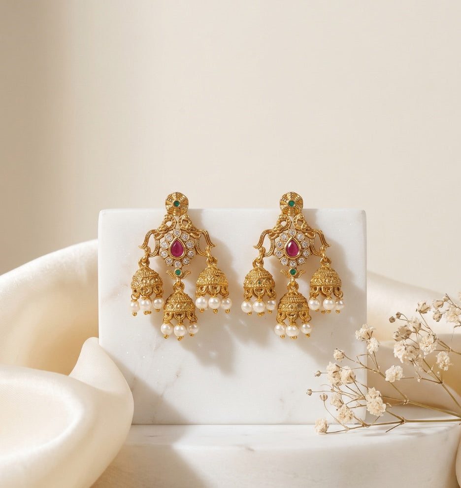 Traditional Gold-Tone Jhumka Earrings with Ruby, Green Stones & Pearl Drops