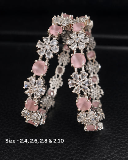 Rhodium Plated Pink Color Circle and Flower Zircon Stone Bangle (Set of 2) | Premium Quality | American Diamond | Party wear | TE-ADB-2212-006