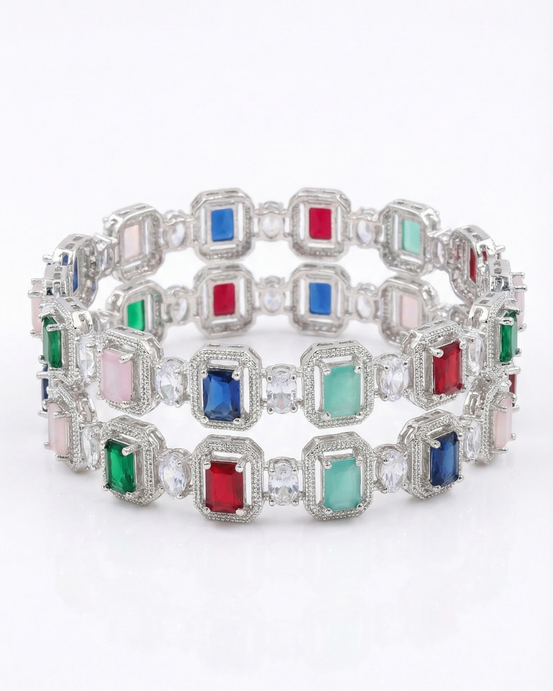 Luxury Emerald-Cut Multicolor Stone Bangle | American Diamond