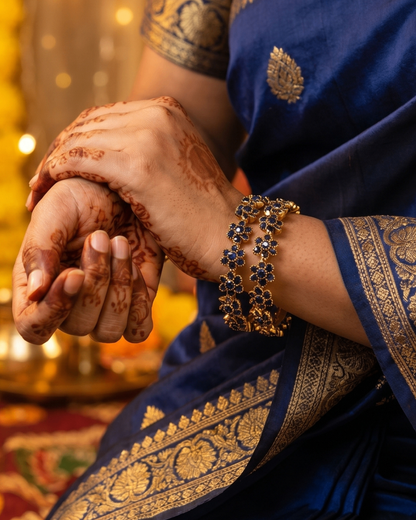 Midnight Sapphire Blue Floral Bangles (Set of 2) | Premium Quality | American Diamond | Party wear