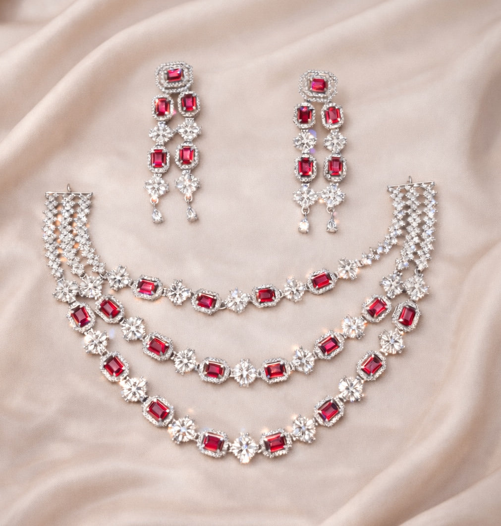 Rhodium Plated 3 Layer Ruby American Diamond Necklace with Earring | Premium Quality | American Diamond | Party wear | TE-ADNE-2212-001