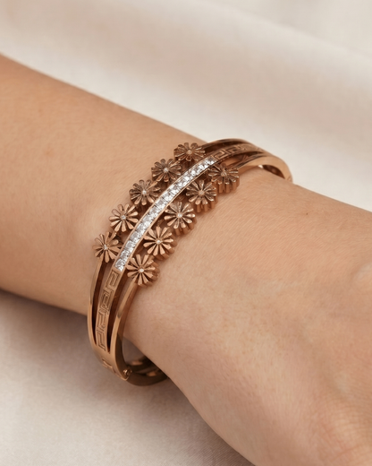 Brown Gold Finish Floral Zircon Elegance Bracelet | Stainless Steel Gold Plated | Women Anti-tarnish bracelet | Kada Bracelet