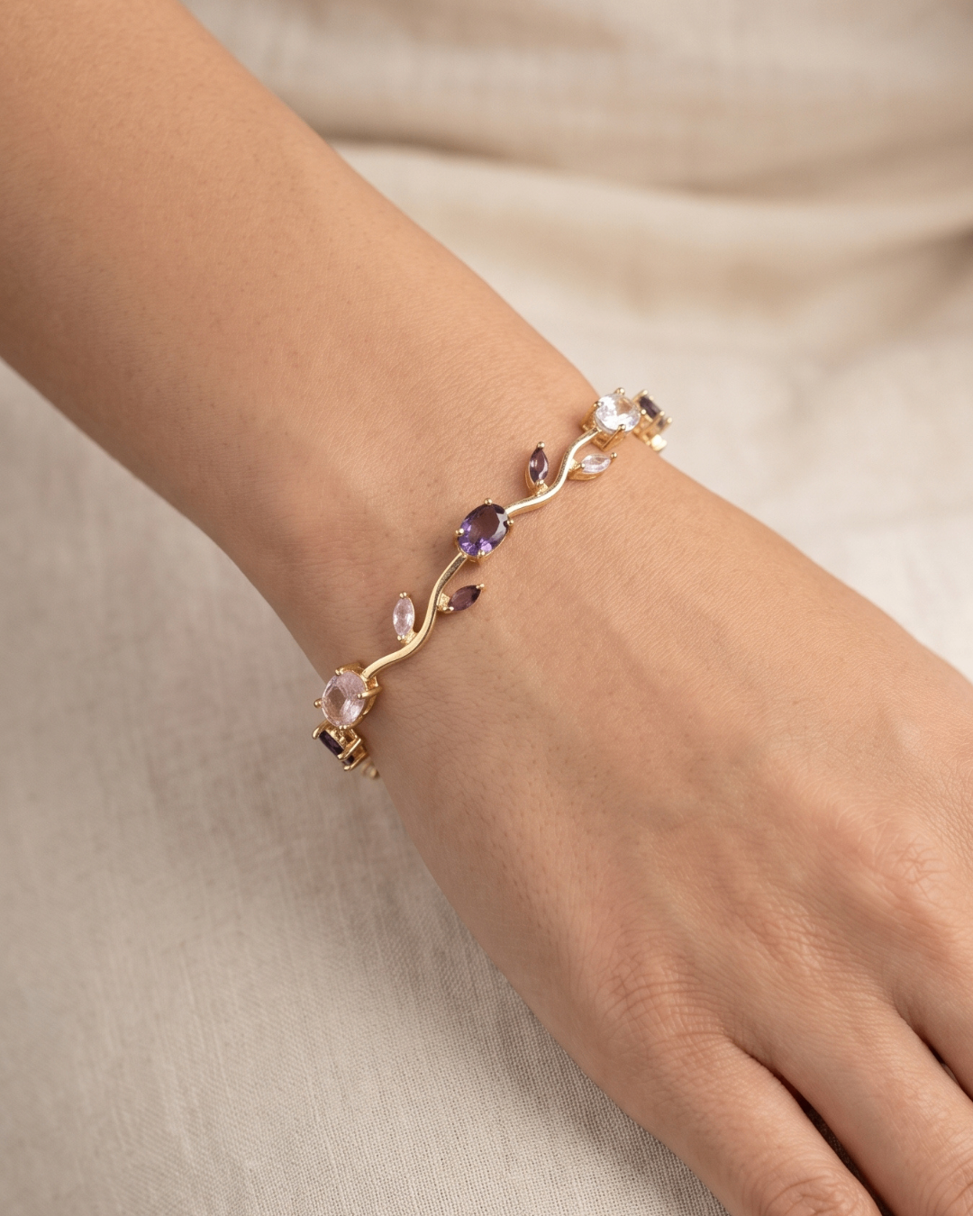 Elegant Pink, White & Purple Tulip Stone Gold Plated Bracelet