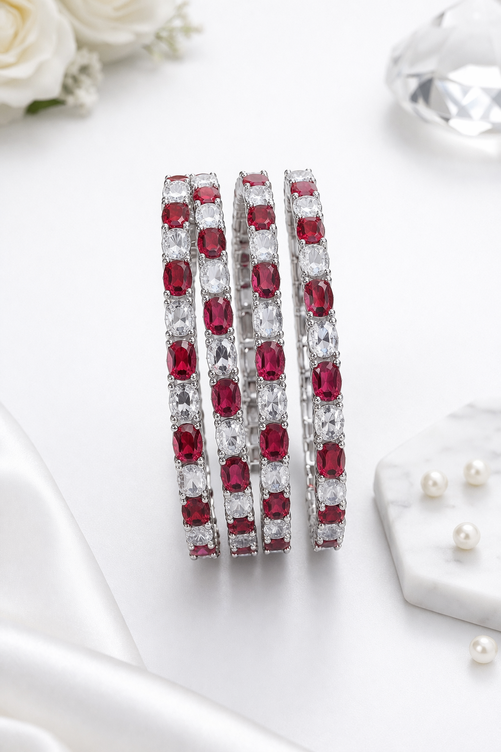 Elegant Rhodium plated Set of 4 Ruby and white CZ stone Bangles | American Diamond
