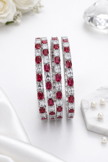 Elegant Rhodium plated Set of 4 Ruby and white CZ stone Bangles | American Diamond