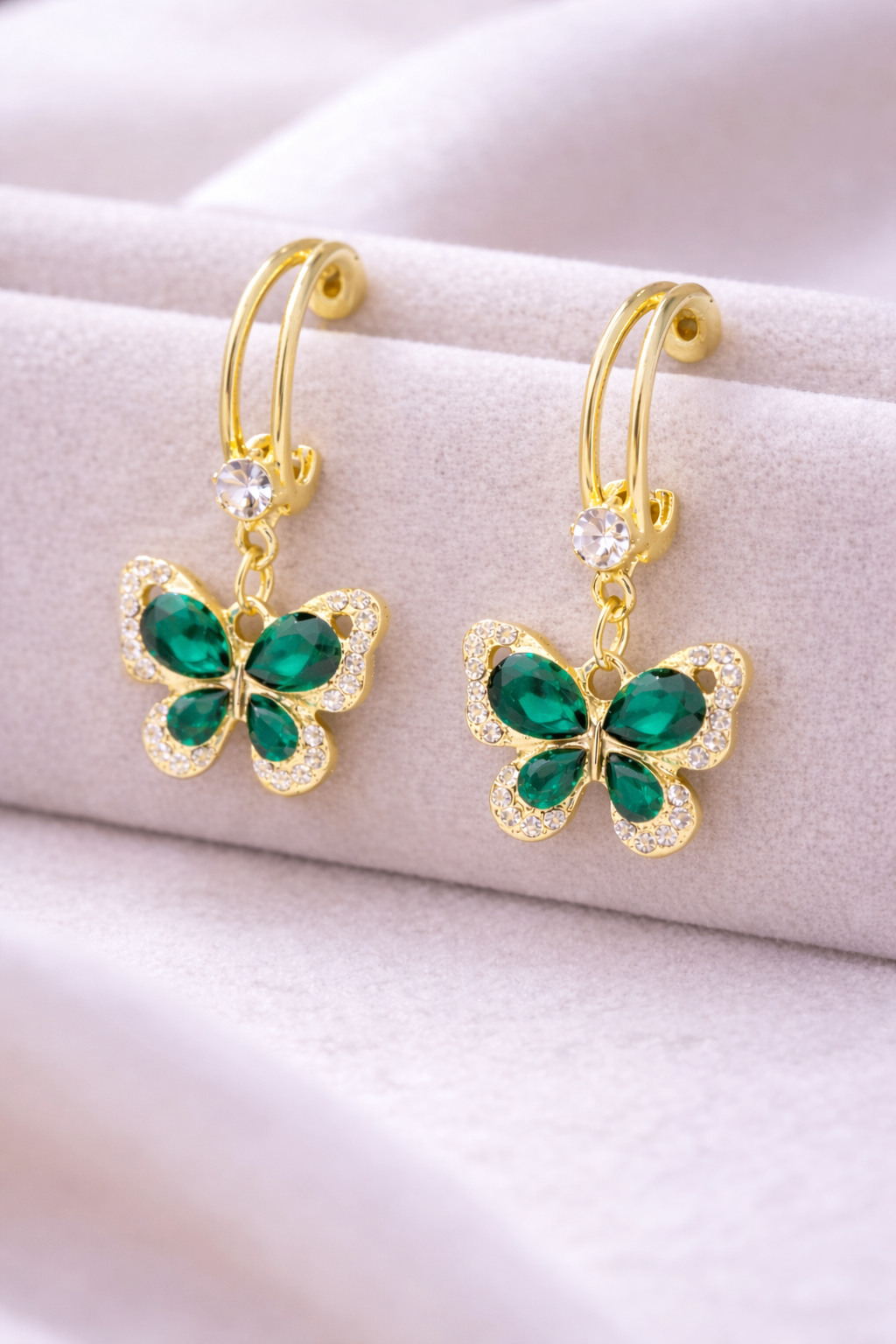 Elegant Butterfly Drop Earrings with Green & white Stones