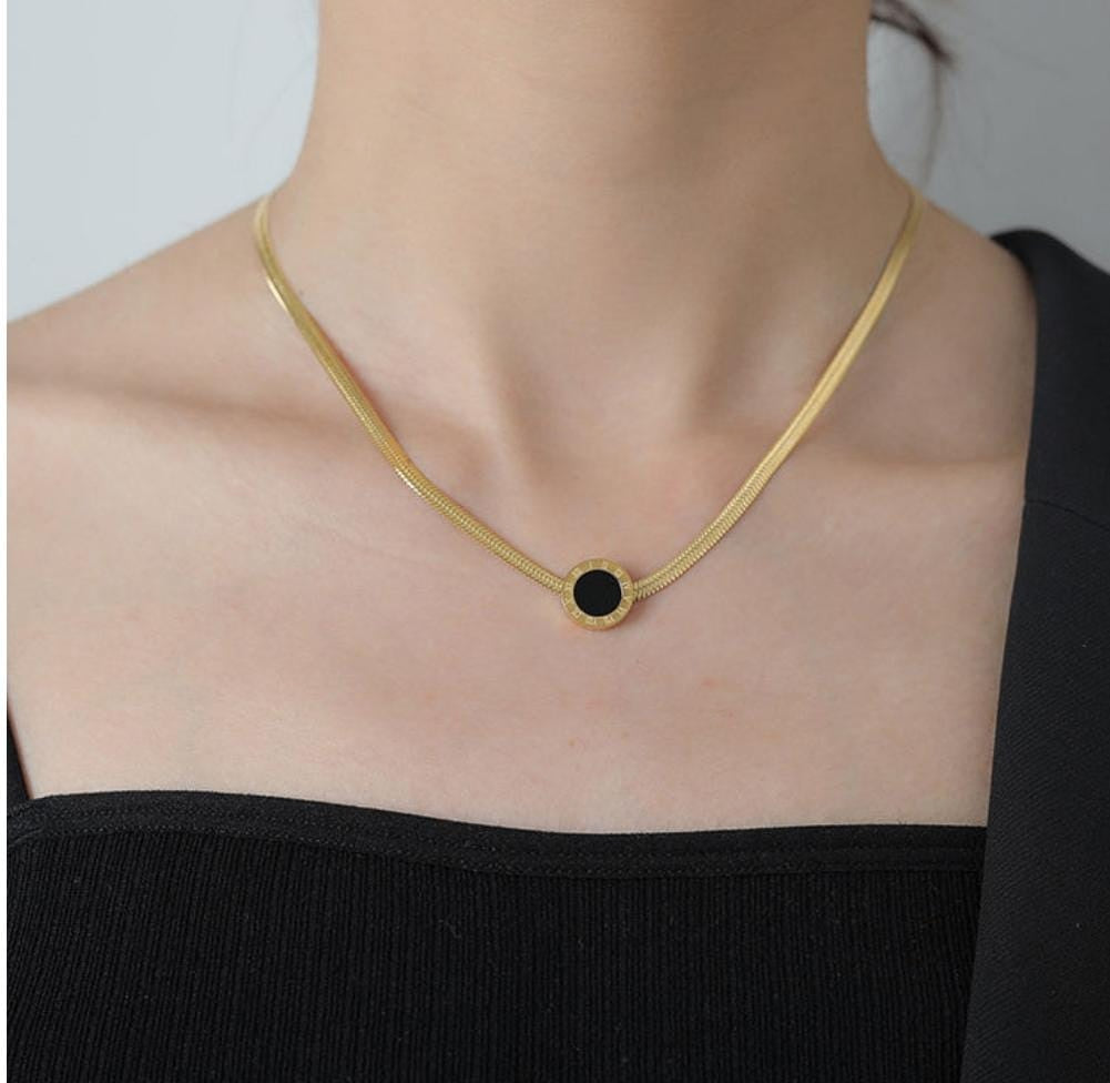 Round Roman Numeral Black Enamel Necklace | Stainless Steel Gold Plated | Anti-tarnish Necklace | Daily wear | TE-GPC-0511-009