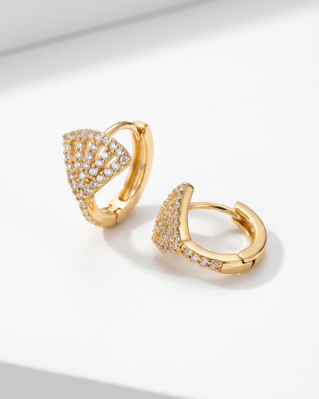 Radiant Fan Shape Diamond Studded Gold Plated Hoop Earrings