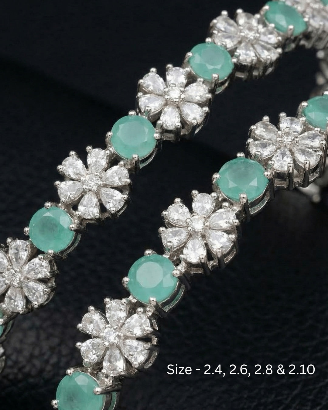 Rhodium Plated Pastel Green Circle and Flower Zircon Stone Bangle (Set of 2) | Premium Quality | American Diamond | Party wear | TE-ADB-2212-003