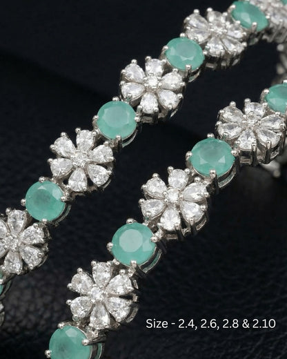 Rhodium Plated Pastel Green Circle and Flower Zircon Stone Bangle (Set of 2) | Premium Quality | American Diamond | Party wear | TE-ADB-2212-003